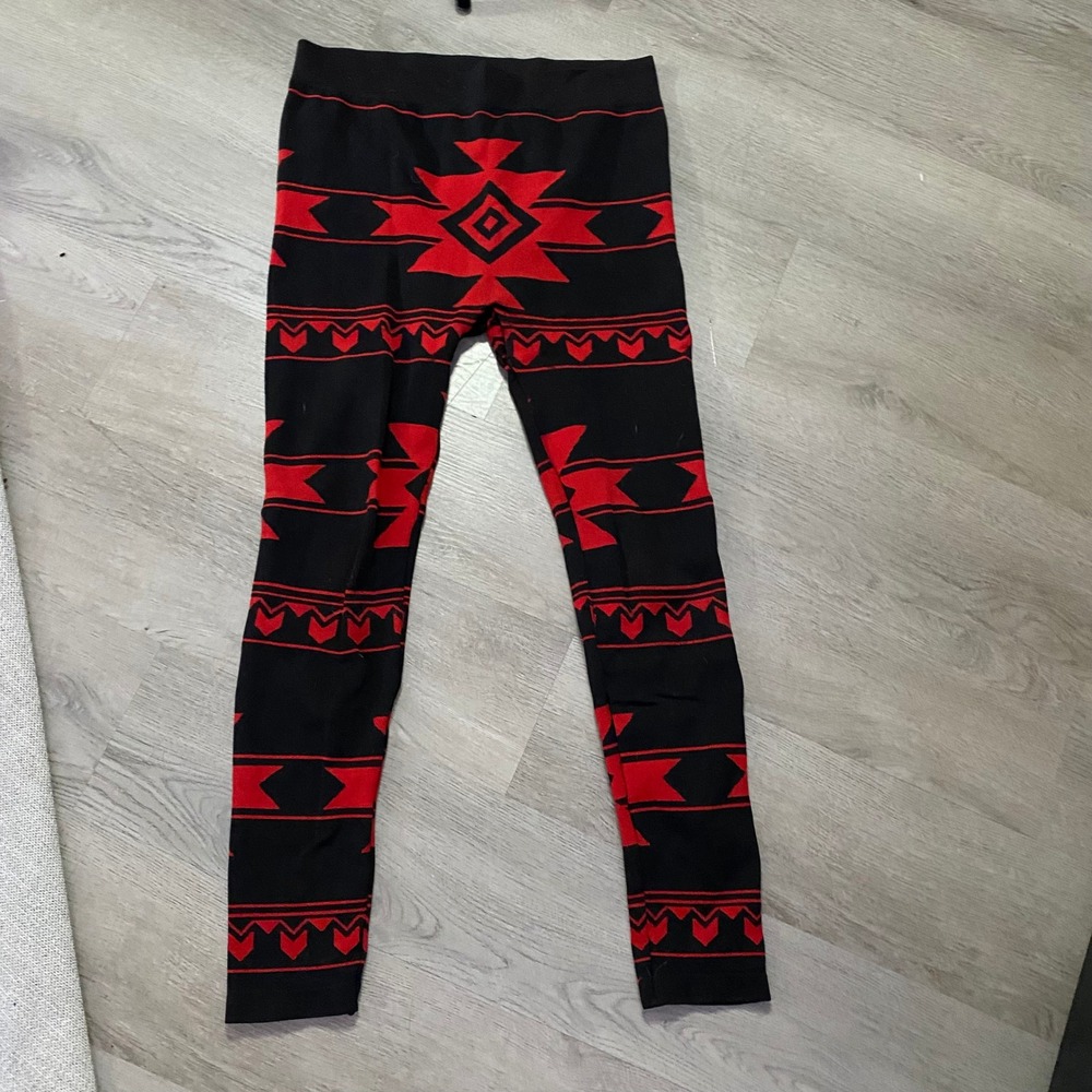 No Boundaries Leggings Womens L/XL Black Red Tribal Geometric Aztec Print